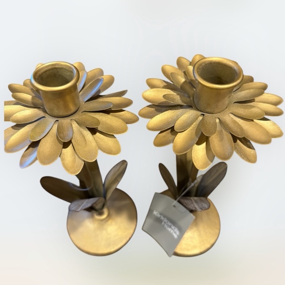 NWT Set of Kirklands Distressed Gold Metal Floral 9” Taper Candle Holders - Picture 2 of 6